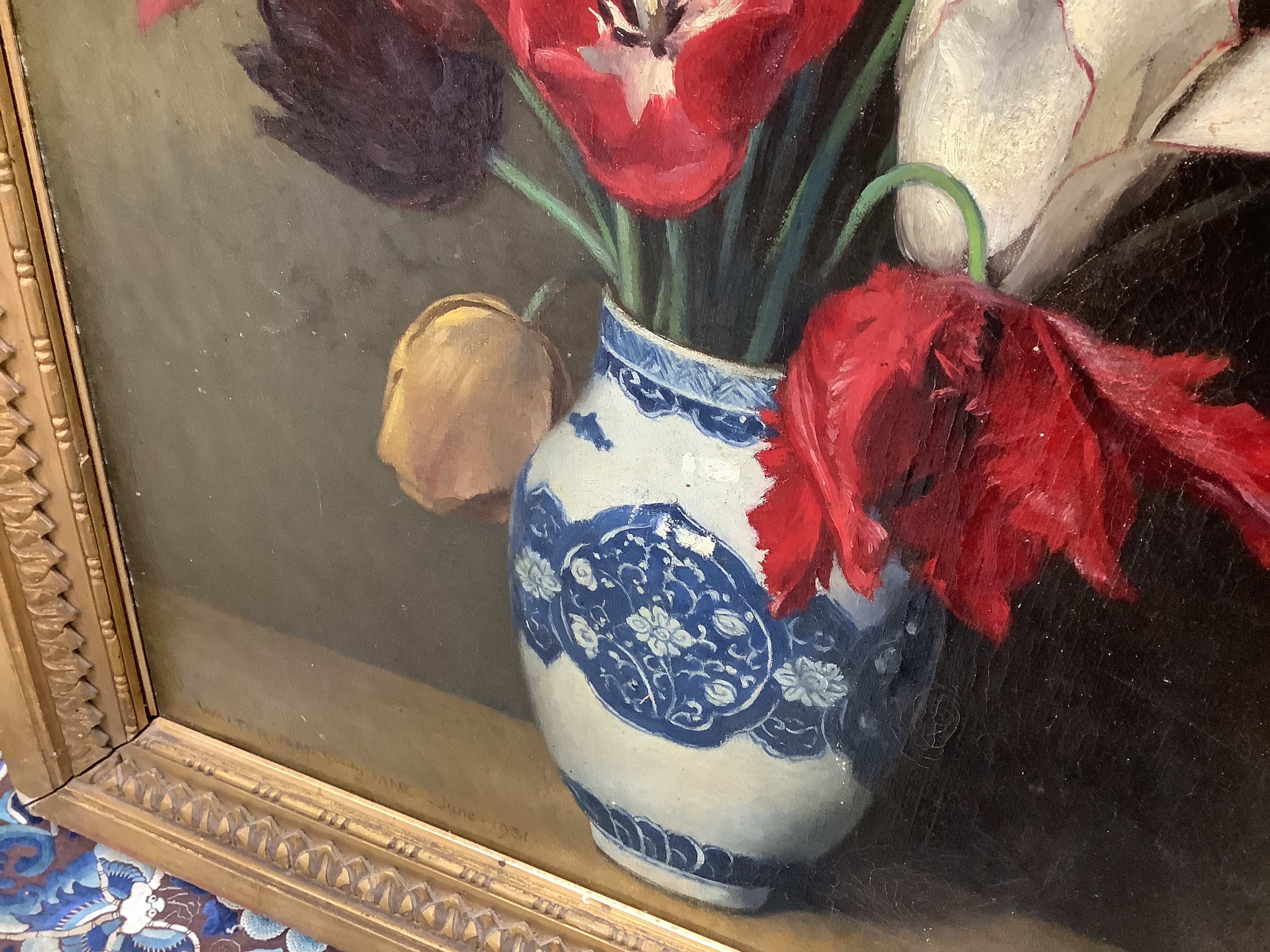 The Hon. Walter John James RBA (1869-1932), oil on canvas, Still life of tulips in a vase, signed and dated June 1931, 59 x 45cm